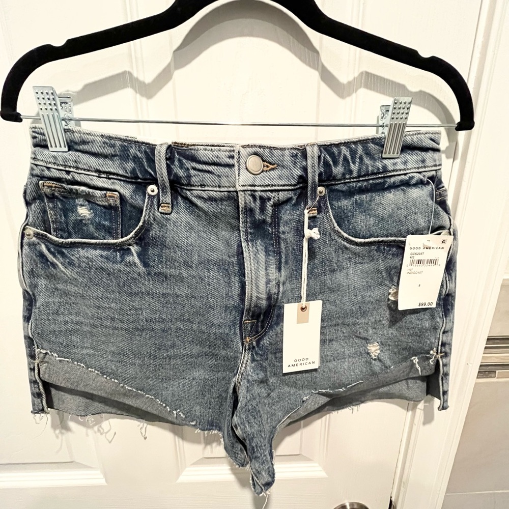 Good American Good Curve Distressed Blue Jean Shorts NWT